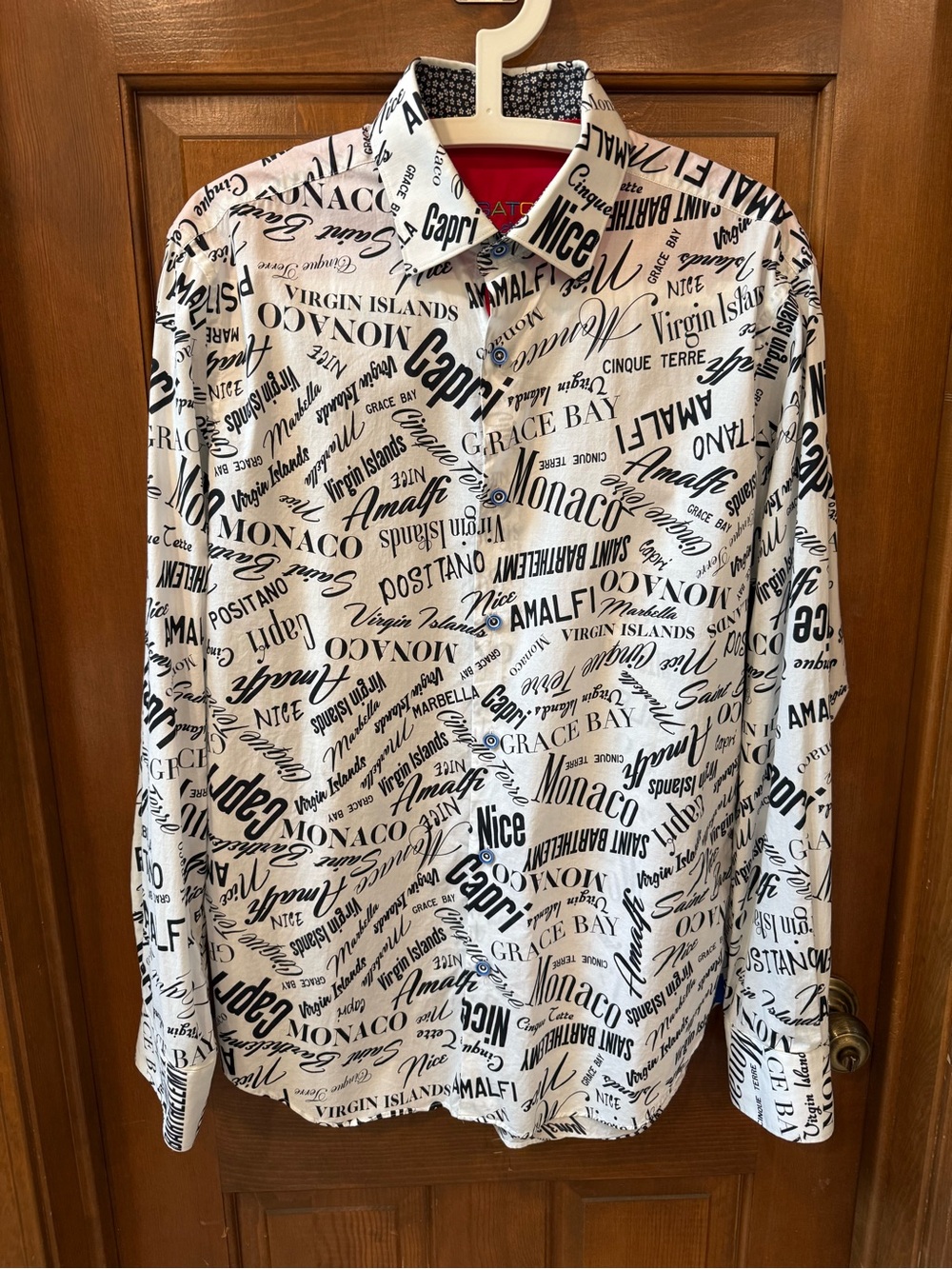 Bugatchi White Button-Down Shirt with Black Script Print